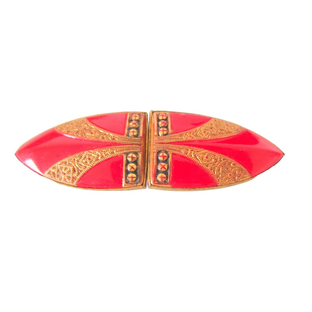 Vintage Czech Belt Buckle Gold Filigree Red Glass Signed Czechoslovakia 1930's